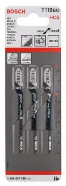 Пилка для лобзика 3шт. Т 119 B, HCS, BOSCH